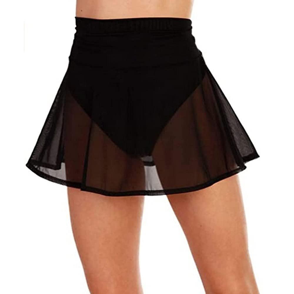 KnniMorning TEES Women's Sheer Mesh Mini Skirts See-Through High Waist Solid Skater Skirt Beach Cover-ups (Black, L)