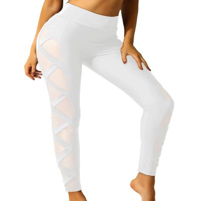 Moily Women Solid Mesh Splice Bandage Side Legging Pants Yoga/Pilates/Workout Activewear Swimpants White X-Large