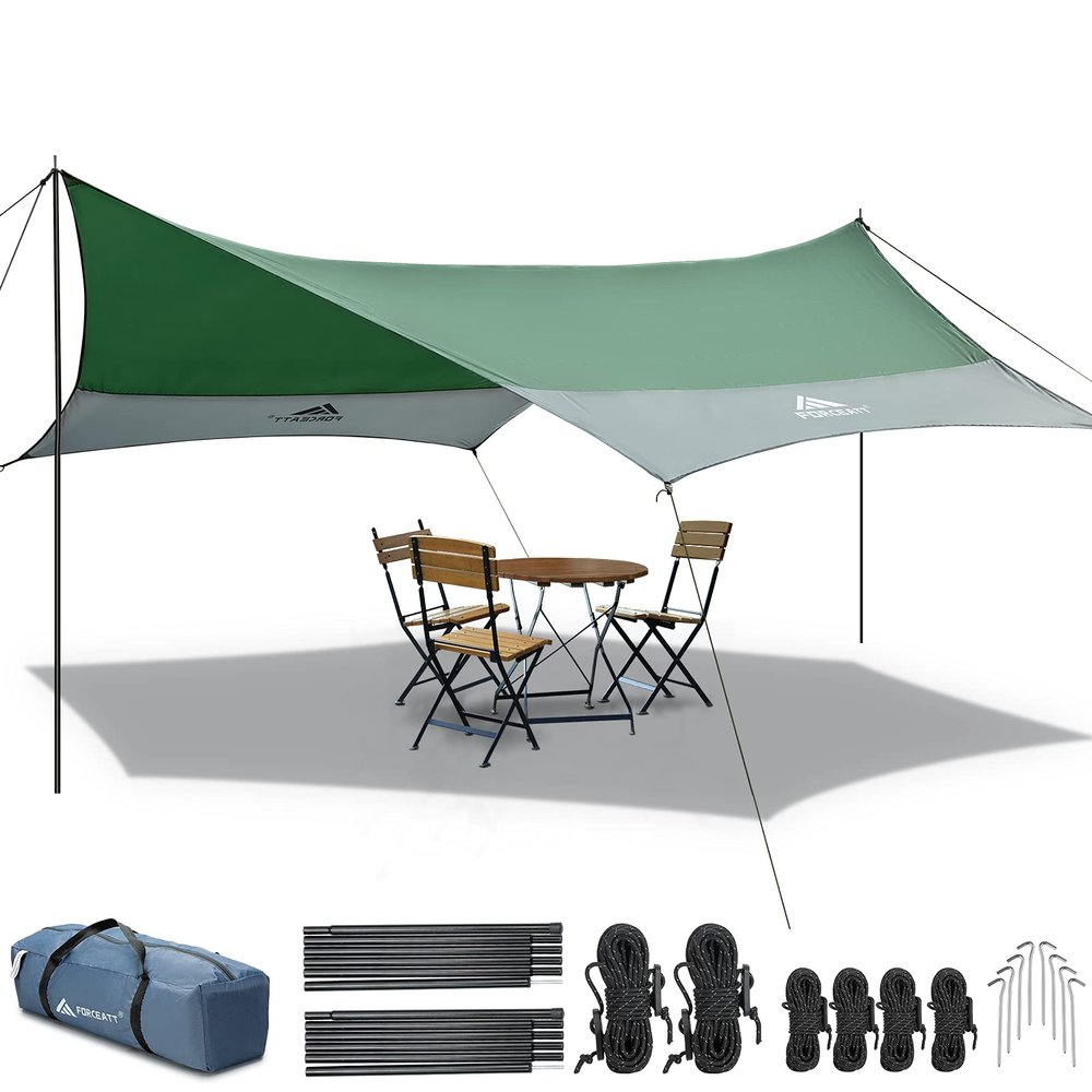 Forceatt 12x14FT Waterproof Camping Tarp with 2 Poles, Sun Shelter for Car, Tent, Hammock in Camping, Hiking, Backpacking, Garden and Traveling