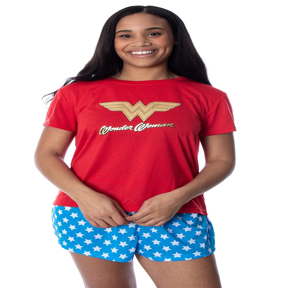 DC Comics Women's Wonder Woman Gold Foil Logo Shirt and Shorts Loungewear 2 Piece Pajama Set (Small)