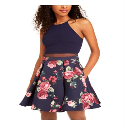 B. Darlin Womens Juniors Floral Mesh I Fit & Flare Dress Navy 7/8
