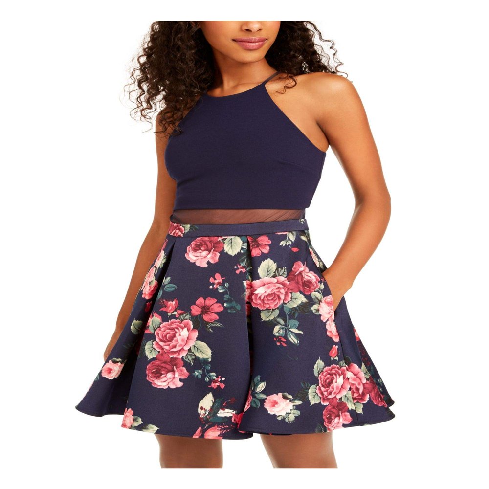 B. Darlin Womens Juniors Floral Mesh I Fit & Flare Dress Navy 7/8