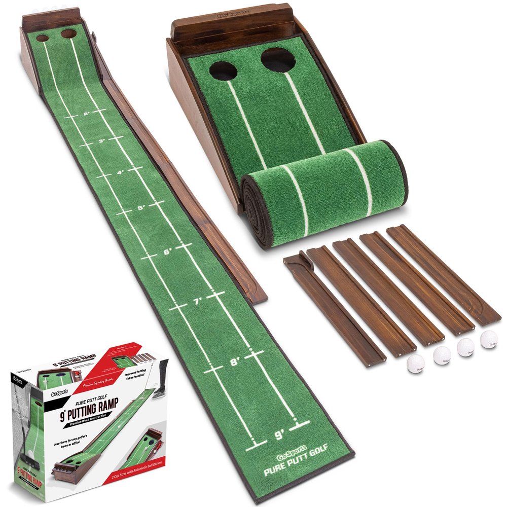 GoSports Pure Putt Golf 9 ft Putting Green Ramp - Premium Wood Training Aid for Home & Office Putting Practice, Includes 9 ft Putting Green and 4 Golf Balls