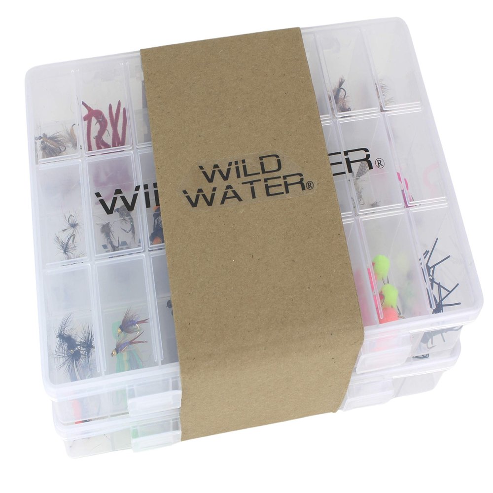 Wild Water Fly Fishing 123 Premium Flies Assortment with 2 Clear Fly Boxes incl. Dry, Caddis, Nymph for Bass, Panfish, Trout, Crappie, Pike, Sunfish