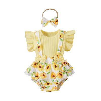 Newborn Baby Girl Clothes Set Ruffled Short Sleeve Romper + Suspender Skirt + Bows Headband 3 Pcs Cute Toddler Outfits (A-Yellow, 0-3 Months)
