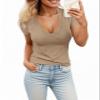 Womens Summer Sexy Short Sleeve Tshirt Tops Deep V Neck Shirts Casual Slim Fit Basic T-Shirt Tee A-Khaki view 1