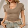 Womens Summer Sexy Short Sleeve Tshirt Tops Deep V Neck Shirts Casual Slim Fit Basic T-Shirt Tee A-Khaki view 3