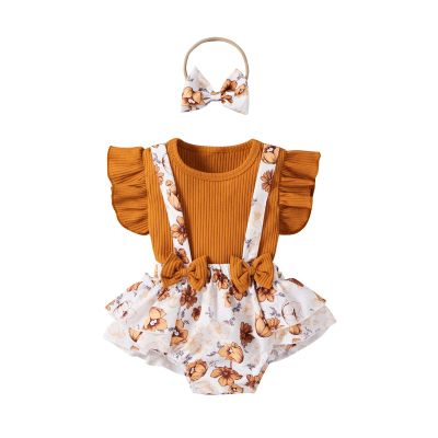 Newborn Baby Girl Clothes Set Ruffled Short Sleeve Romper + Suspender Skirt + Bows Headband 3 Pcs Cute Toddler Outfits (A-Brown, 3-6 Months)