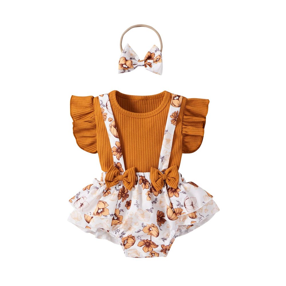 Newborn Baby Girl Clothes Set Ruffled Short Sleeve Romper + Suspender Skirt + Bows Headband 3 Pcs Cute Toddler Outfits (A-Brown, 3-6 Months)