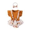 Newborn Baby Girl Clothes Set Ruffled Short Sleeve Romper + Suspender Skirt + Bows Headband 3 Pcs Cute Toddler Outfits (A-Brown, 3-6 Months) view 1