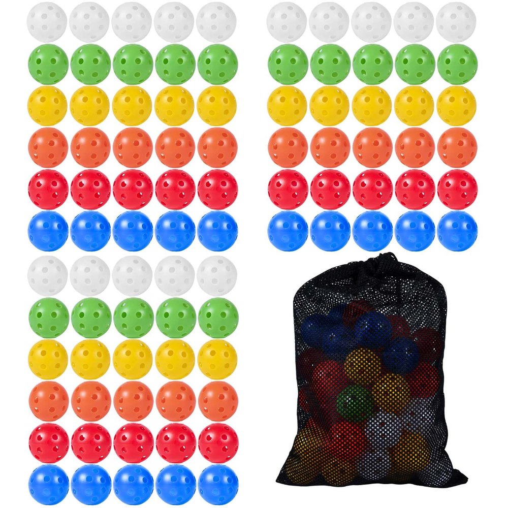 KISEER 90 Pack Colorful Plastic Practice Golf Balls Airflow Hollow Training Golf Balls with Nylon Mesh Bags for Driving Range, Swing Practice, Outdoor or Home Use