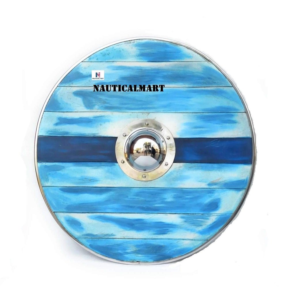 Nautical-Mart Aged Wood Viking Shield in Glacier Blue - SCA/LARP/Norse/Norway/Antique/Armor