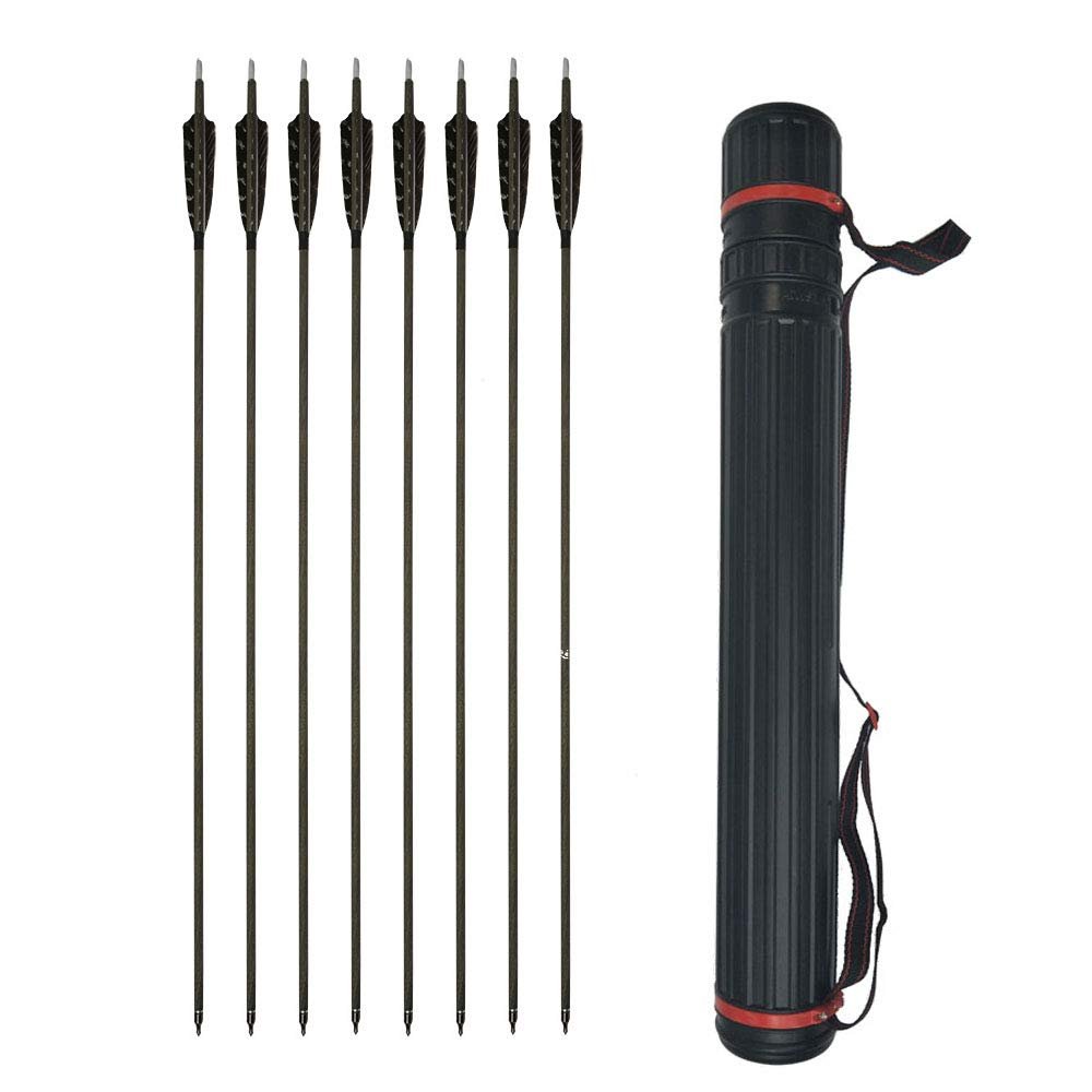 SHARROW Archery 6pcs Carbon Arrow Spine 350 Hunting Arrows 30 Inch Target Practice Arrows with Removable Tips for Compound Bow and Recurve Bow (6pcs Arrows +1pcs Arrow Quiver)