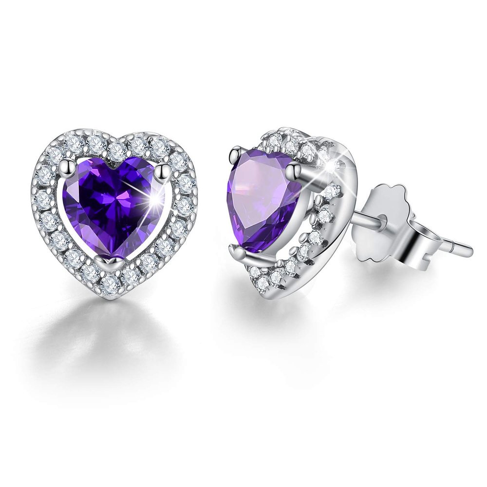 WXJLYZRCXK Earrings18K Gold Plating 925 Sterling Sier Birthstone Love Heart Stud Earrings Cubic Zirconia Hypoallergenic Earrings Birthday Gift for Women and Girls,February-Amethyst