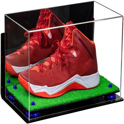 Better Display Cases Acrylic Large Shoe Display Case for Basketball Shoe Soccer Cleat Football Cleat with Mirror, Dark Blue Risers, Wall Mount and Turf Base (A013/V11)