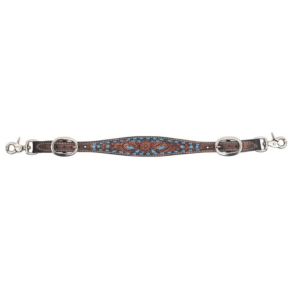 Circle Y Bronco Blue Texas Flower Adjustable Durable Leather Wither Strap with Turquoise & Brown Detailing, Rust-Resistant Hardware & Hand-Tooled Filigree | Horse Tack for Riding & Shows