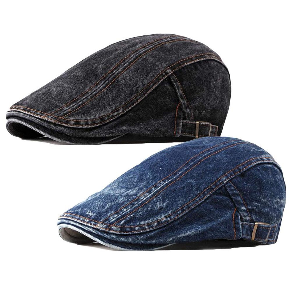 2 Pack Mens Denim Cotton Newsboy Cap Ivy Gatsby Driving Hunting Cabbie Hats (I)