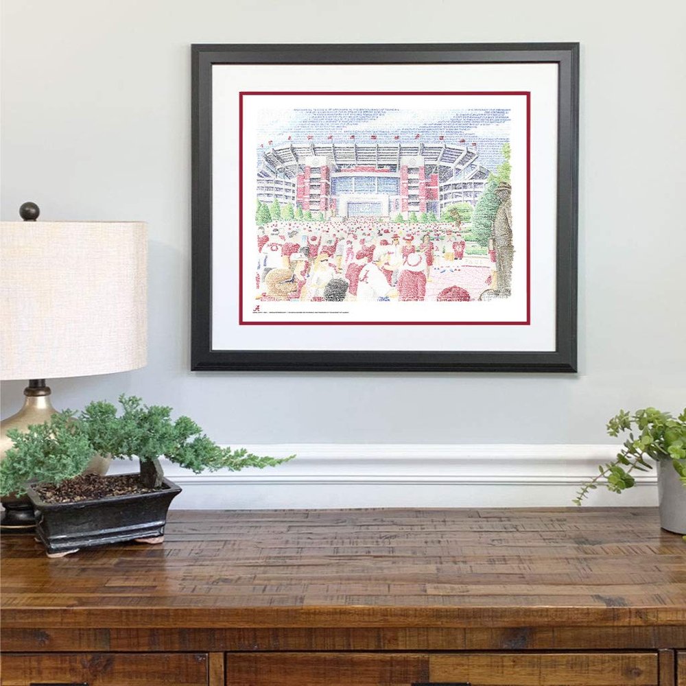 Bryant Denny Stadium Word Art - 22x26 Framed - Handwritten with Every Win in History  Crimson Tide Poster  Alabama Gifts & Decor