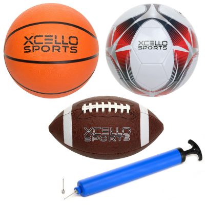 Xcello Sports Multi-Sport 3-Ball Set - Jr. Football, Official B7 Basketball and Size 5 Soccer Ball with Ball Pump (Classic)
