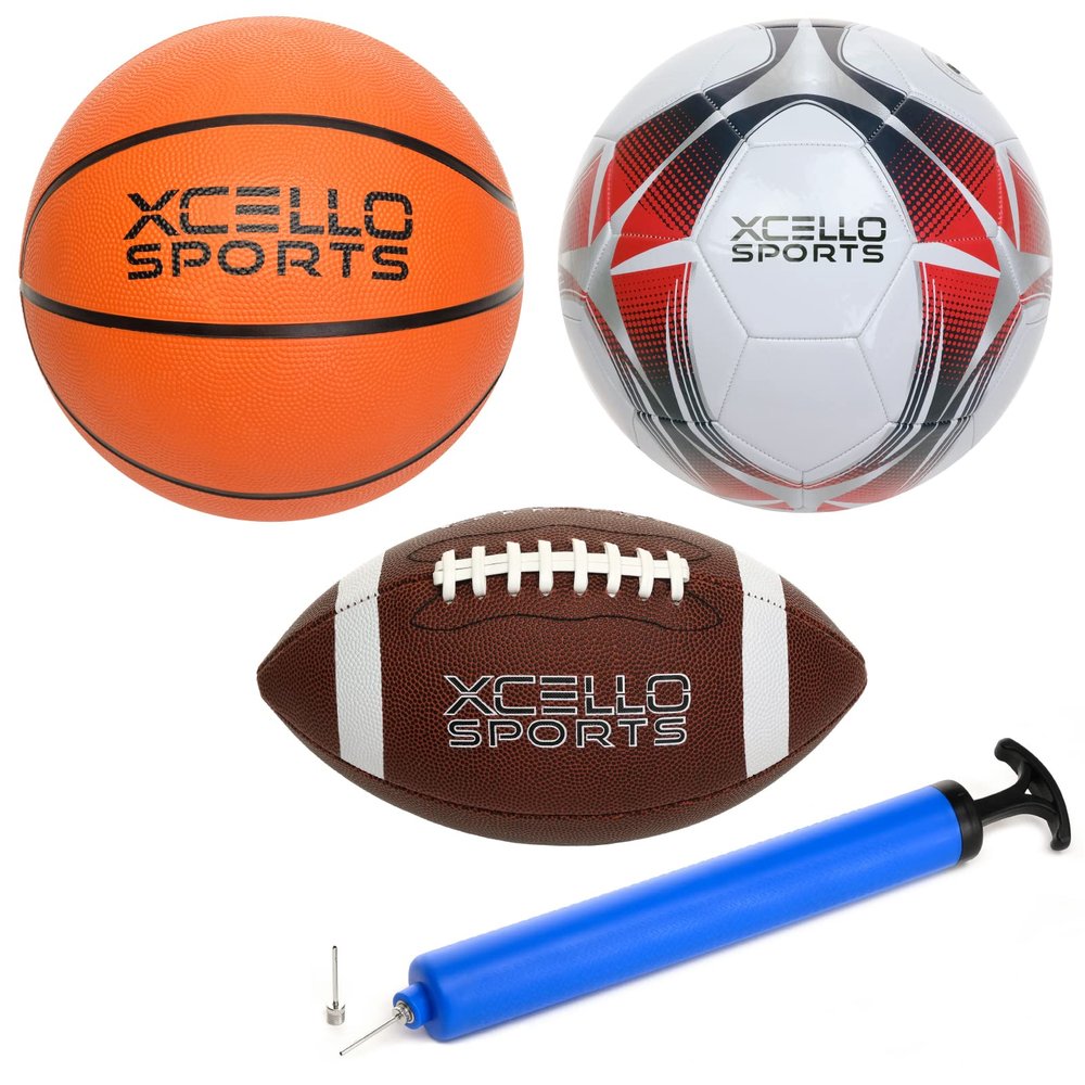 Xcello Sports Multi-Sport 3-Ball Set - Jr. Football, Official B7 Basketball and Size 5 Soccer Ball with Ball Pump (Classic)