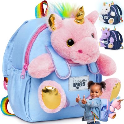 Naturally KIDSUpgraded Toddler Backpack w Removable Pink Unicorn Toy for Girls Age 2-6 | Side & Inner Pockets, Reflective Logo, Name Tag | Cute Christmas & Birthday Gifts