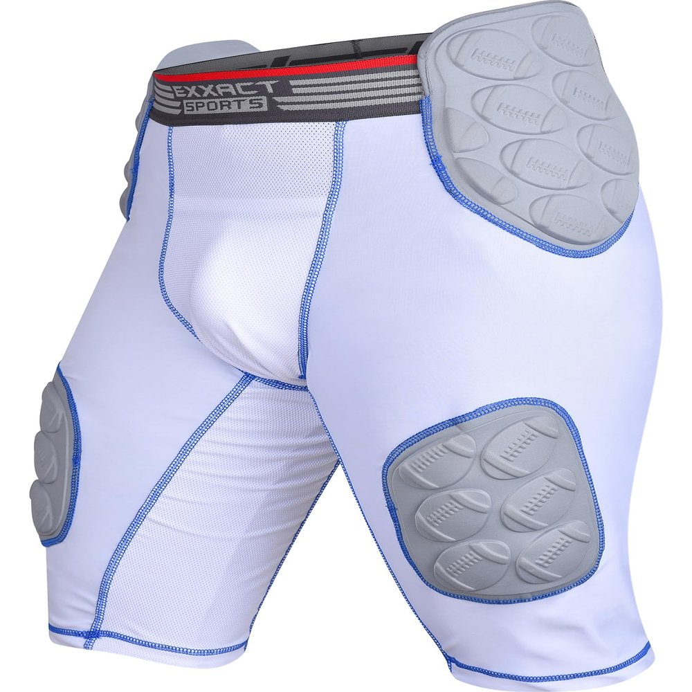 Exxact Sports Touchdown 5-Pad Adult Football Girdle for Men with Cup Pocket, Lightweight Padded Compression Shorts with Integrated Hip, Thigh, Tailbone Pads, Men's Girdle Football (AL, White)