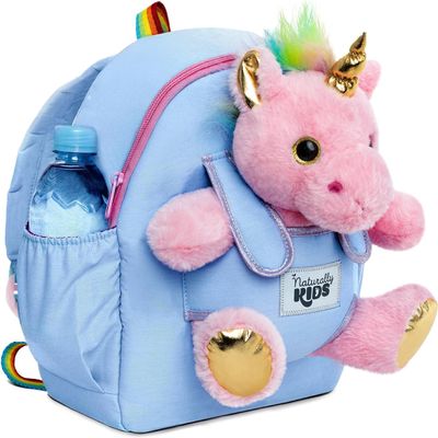 Naturally KIDS Upgraded Medium Backpack w Removable Pink Unicorn Toy for Girls Age 4-7 | Side & Inner Pockets, Reflective Logo, Name Tag | Unicorn Gifts for 5 Year Old Girls Medium size