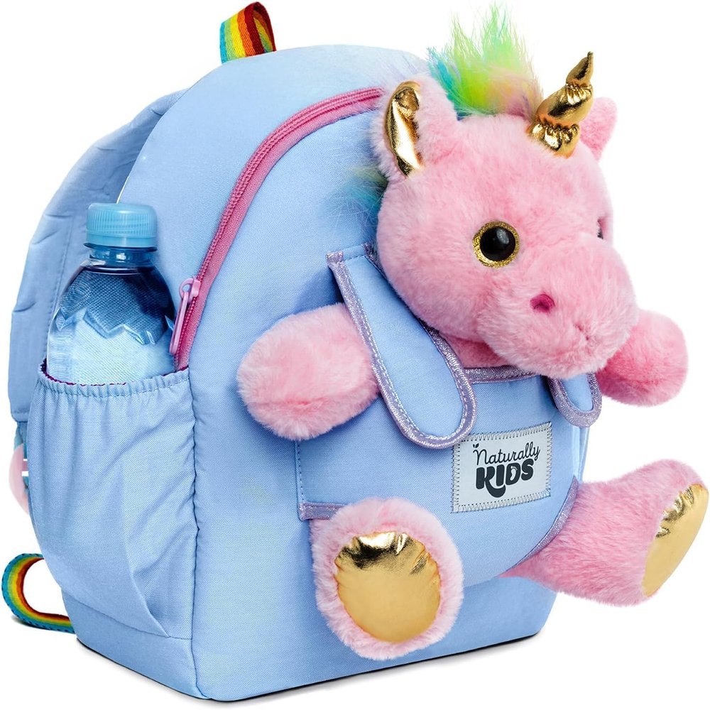 Naturally KIDS Upgraded Medium Backpack w Removable Pink Unicorn Toy for Girls Age 4-7 | Side & Inner Pockets, Reflective Logo, Name Tag | Unicorn Gifts for 5 Year Old Girls Medium size