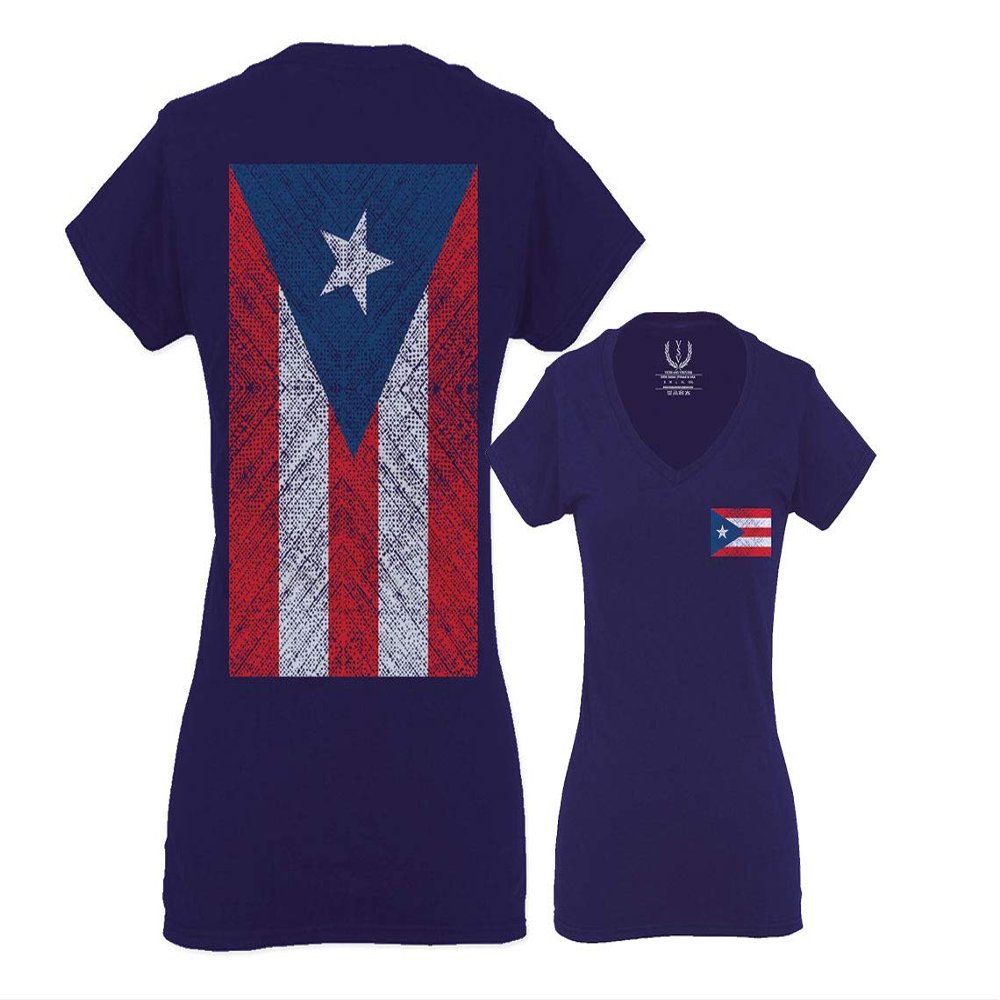 0062. Puerto Rico Flag Boricua Rican Nuyorican for Women V Neck Fitted T Shirt (Navy Blue, X Small)