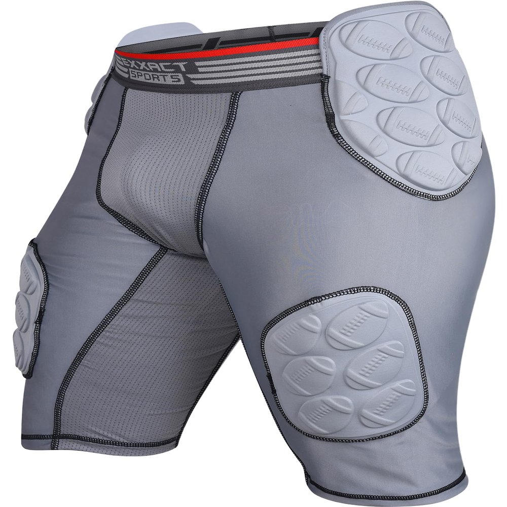 Exxact Sports Touchdown 5-Pad Adult Football Girdle for Men with Cup Pocket, Lightweight Padded Compression Shorts with Integrated Hip, Thigh, Tailbone Pads, Men's Girdle Football (AXL, Gray)