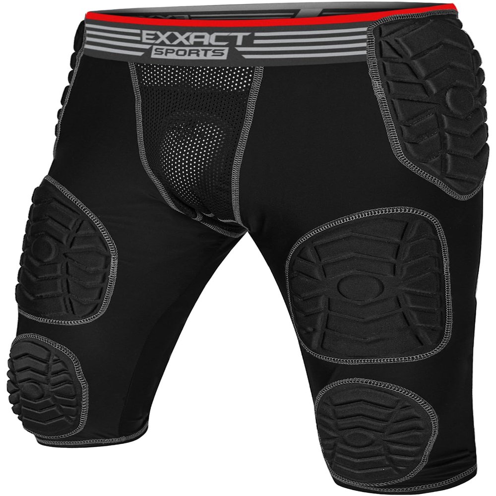Exxact Sports Combat 7-Pad Adult Football Girdle for Men with Cup Pocket, Padded Compression Shorts with Integrated Pads, Men's Girdle Football (AS, Black)