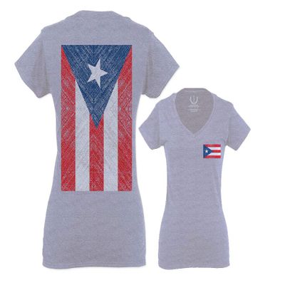 0062. Puerto Rico Flag Boricua Rican Nuyorican for Women V Neck Fitted T Shirt (Light Gray X Small)