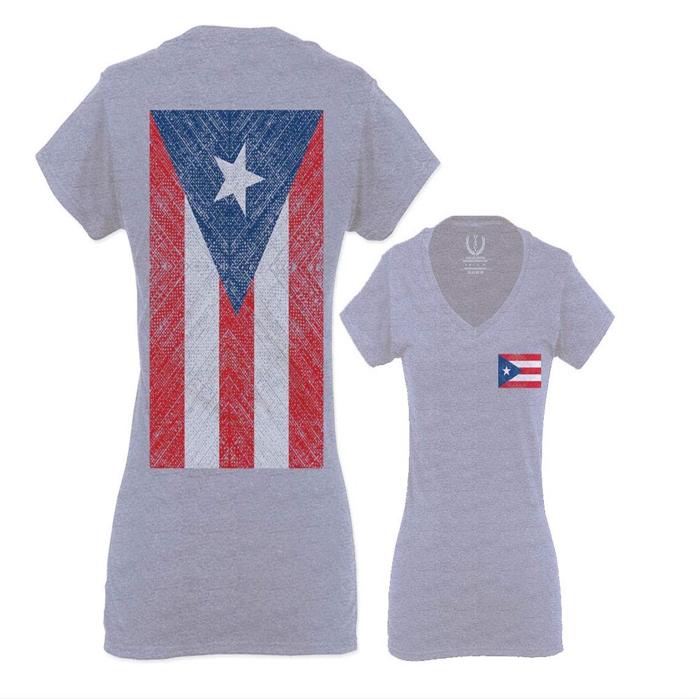 0062. Puerto Rico Flag Boricua Rican Nuyorican for Women V Neck Fitted T Shirt (Light Gray X Small)