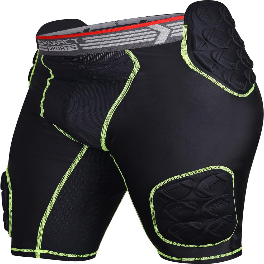 Exxact Sports Touchdown 5-Pad Adult Football Girdle for Men with Cup Pocket, Lightweight Padded Compression Shorts with Integrated Hip, Thigh, Tailbone Pads, Men's Girdle Football (AL, Black)