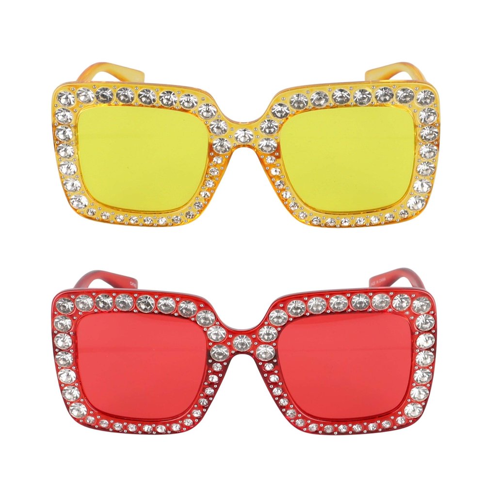 FLAWLESS Oversized Square Frame Bling Rhinestone Crystal Design Sunglasses For Women (2 PACK: Yellow and Red)