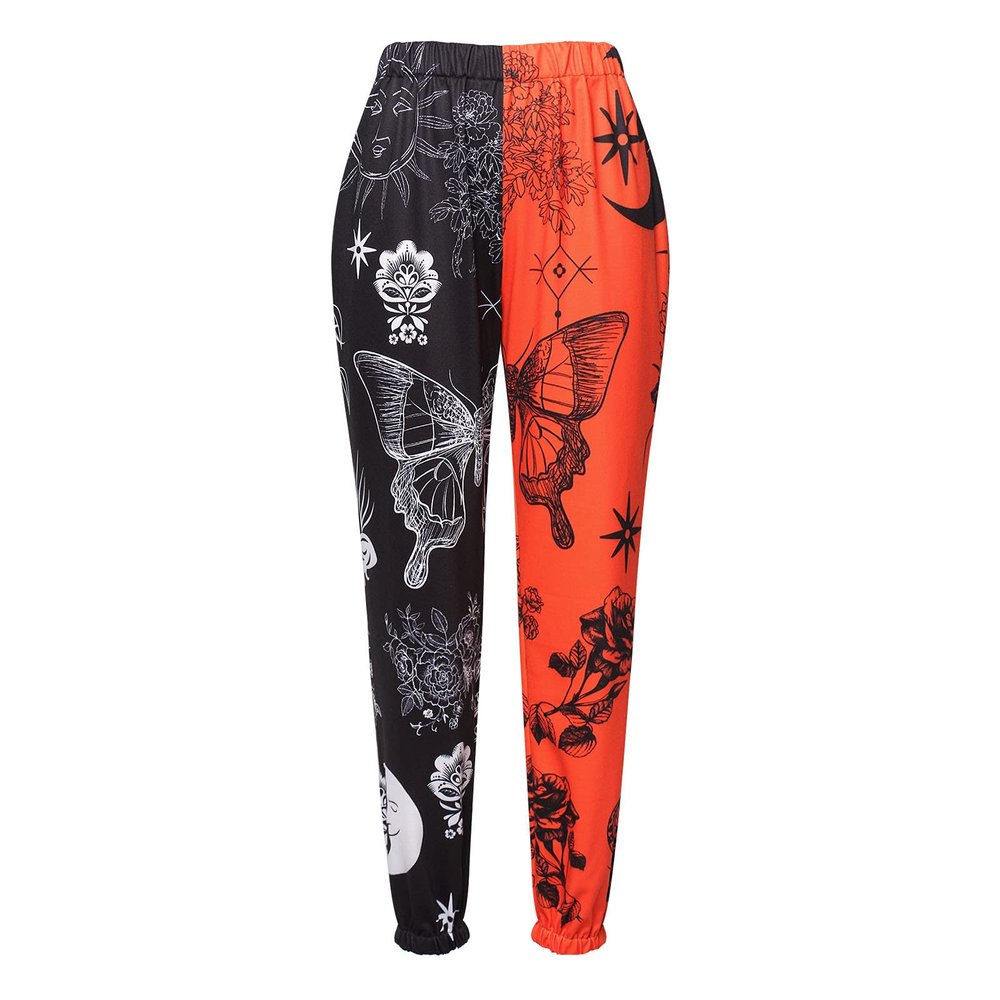 Amuver Women's Boho Hippie Harem Pants High Smocked Waist Printed Patchwork Sweatpants Yoga 90S Goth Baggy Casual Trousers Black Orange