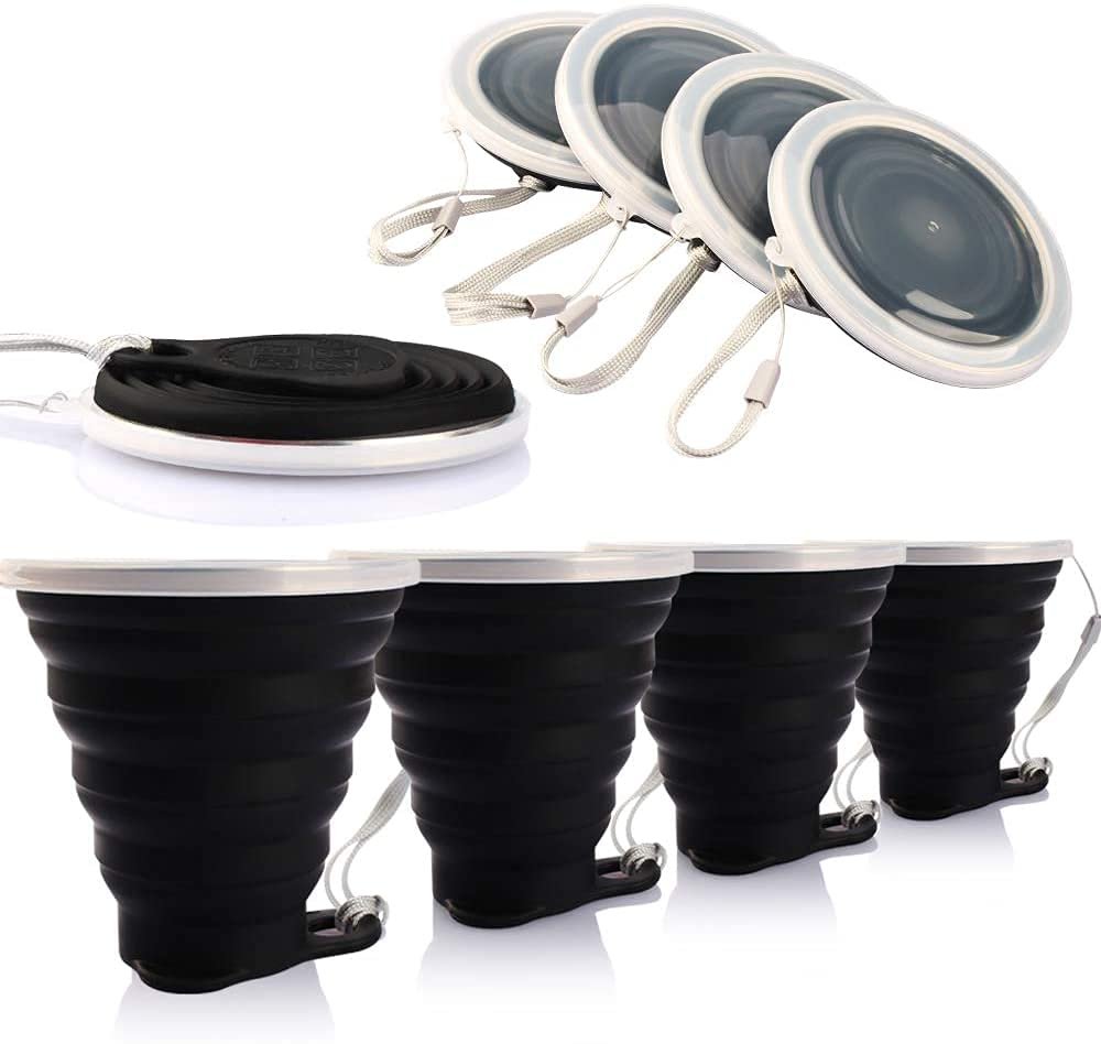 ME.FAN Silicone Collapsible Travel Cup - Silicone Folding Camping Cup with Lids - Expandable Drinking Cup Set of 4- Portable, Graduated [9.22oz]