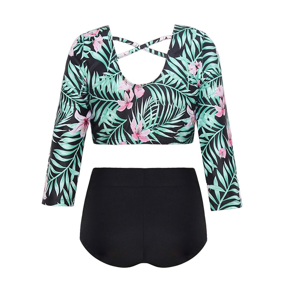 Yeahdor Kids Girls 2Pcs Dance Sport Outfits Leaf Printed Long Sleeve X Back Crop Top with Briefs Swimsuit Pink Lily 6