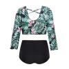 Yeahdor Kids Girls 2Pcs Dance Sport Outfits Leaf Printed Long Sleeve X Back Crop Top with Briefs Swimsuit Pink Lily 6 view 1