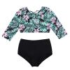 Yeahdor Kids Girls 2Pcs Dance Sport Outfits Leaf Printed Long Sleeve X Back Crop Top with Briefs Swimsuit Pink Lily 6 view 2