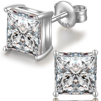 18K White Plated Sterling Silver Princess Cut Cubic Zirconia Stud Earrings Square Simulated Diamond CZ Stud Earrings for Women Men Hypoallergenic 6mm