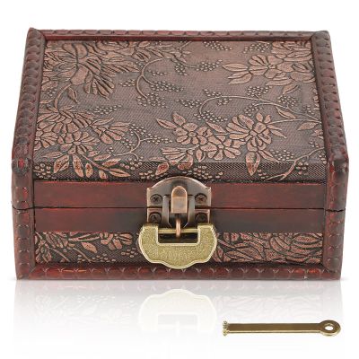 HERCHR Vintage Decorative Wooden Box with lock and key, Wooden Box with Hinged Lid Jewelry Keepsake Storage Treasure Jewelry Chest