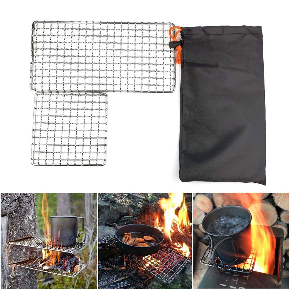 Rayeeley 2-Pack Stainless Steel Mesh Camping Grill, Bushcraft Grills Backpacker Barbecue Grills, Campfire Cooking BBQ Grate, High Strength Outdoor Mesh Gear for Camping, Hiking, Backpacking