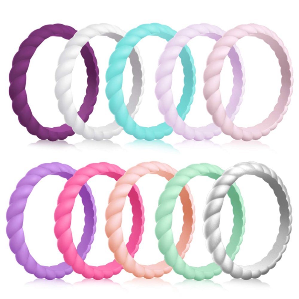Forthee 10 Pack Silicone Wedding Ring for Women, Thin and Braided Rubber Band, Fashion, Colorful, Comfortable fit, Skin Safe