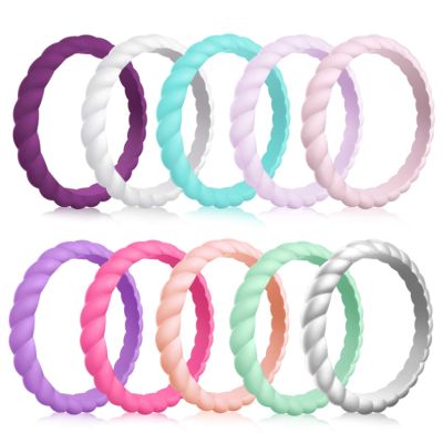 Forthee Silicone Wedding Ring for Women, 10 Pack Thin Braided Silicone Rubber Wedding Bands, Stackable Ring, Fashion, Colorful, Comfortable fit, Skin SafeSize 5