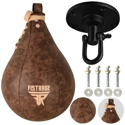 FISTRAGE Speed Ball Boxing Bag Leather MMA Muay Thai Training Punching Dodge Striking Kit with Free Hanging Swivel Workout Speedball Kicking Platform Equipment (Beige)