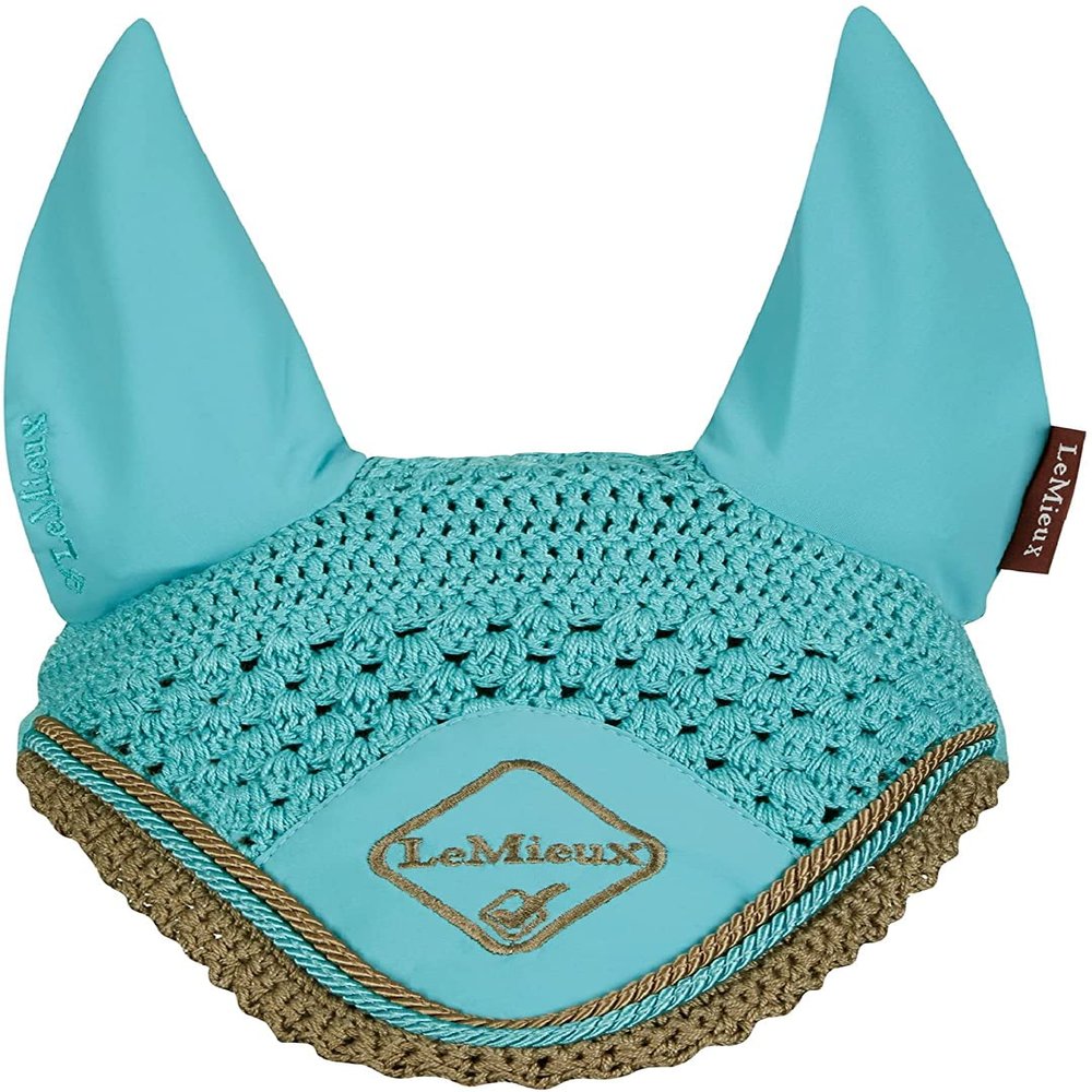 LeMieux Classic Ear Bonnet with Soft Lycra Ears - Close Knit Crochet - Comfortable Fit Equestrian Mask - Sport Horse Wear Fly Protection - Azure - Large