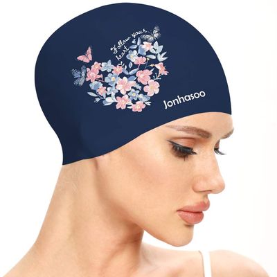 Jonhasoo Swim Cap Women, Silicone Swimming Cap for Long Hair with Leaf Printed