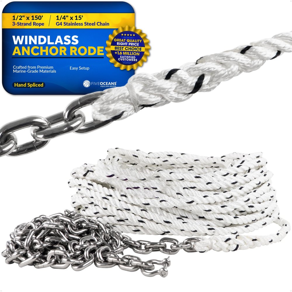 Five Oceans Windlass Anchor Rode, Hand-Spliced Anchor Rope and Chain Combination Kit, 1/2" x 150' Nylon 3-Strand Rope, 1/4" x 15' G4 Stainless Steel Chain for Boat Anchor System - FO4527