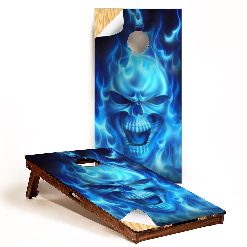 GRAPHIX EXPRESS - Skull Cornhole Board Wrap - C15 Flaming Skull - Laminated Weatherproof Vinyl Decal - Easy Bubble-Free Application - Stickers Dimensions: 2' x 4' - Set of 2